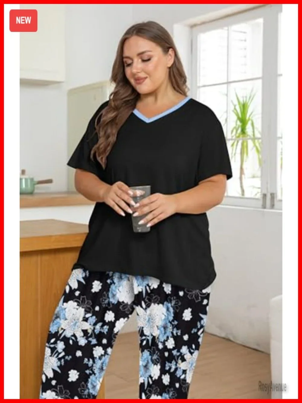 Plus Size Pajama Set Short Sleeve Long Pant V-Neck Two Pockets